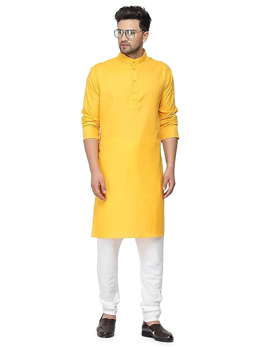 Men's Cotton Blend Yellow Straight Kurta with Rakhi