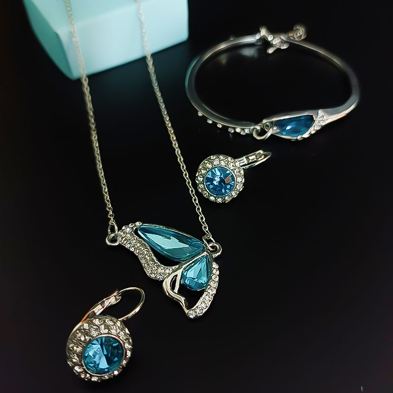 Blue Crystal Combo Jewellery of Necklace Set/Pendant Set with Earrings N Bracelet for Girls and Women