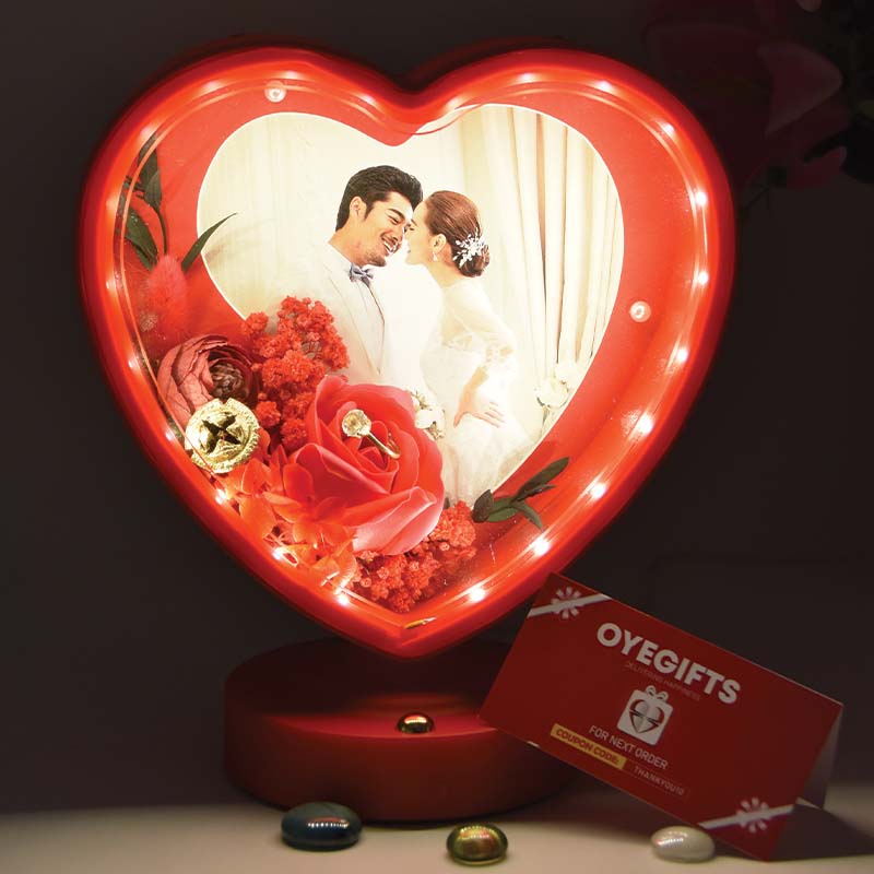 Personalised Heart Shape Led Photo Frame with flowers inside with touch sensor