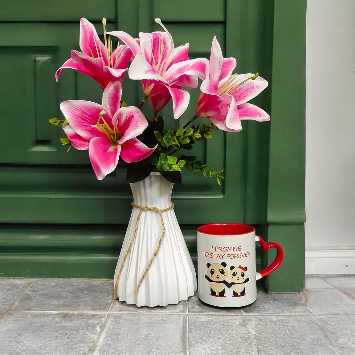 Stay Forever Red Heart Handle Mug with Artificial Flower and Vase