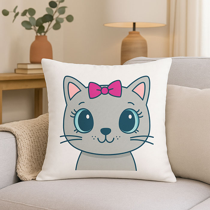 Cute Cartoon Cat Face Cushion with Bow – Kids Room Decor Pillow (12x12)
