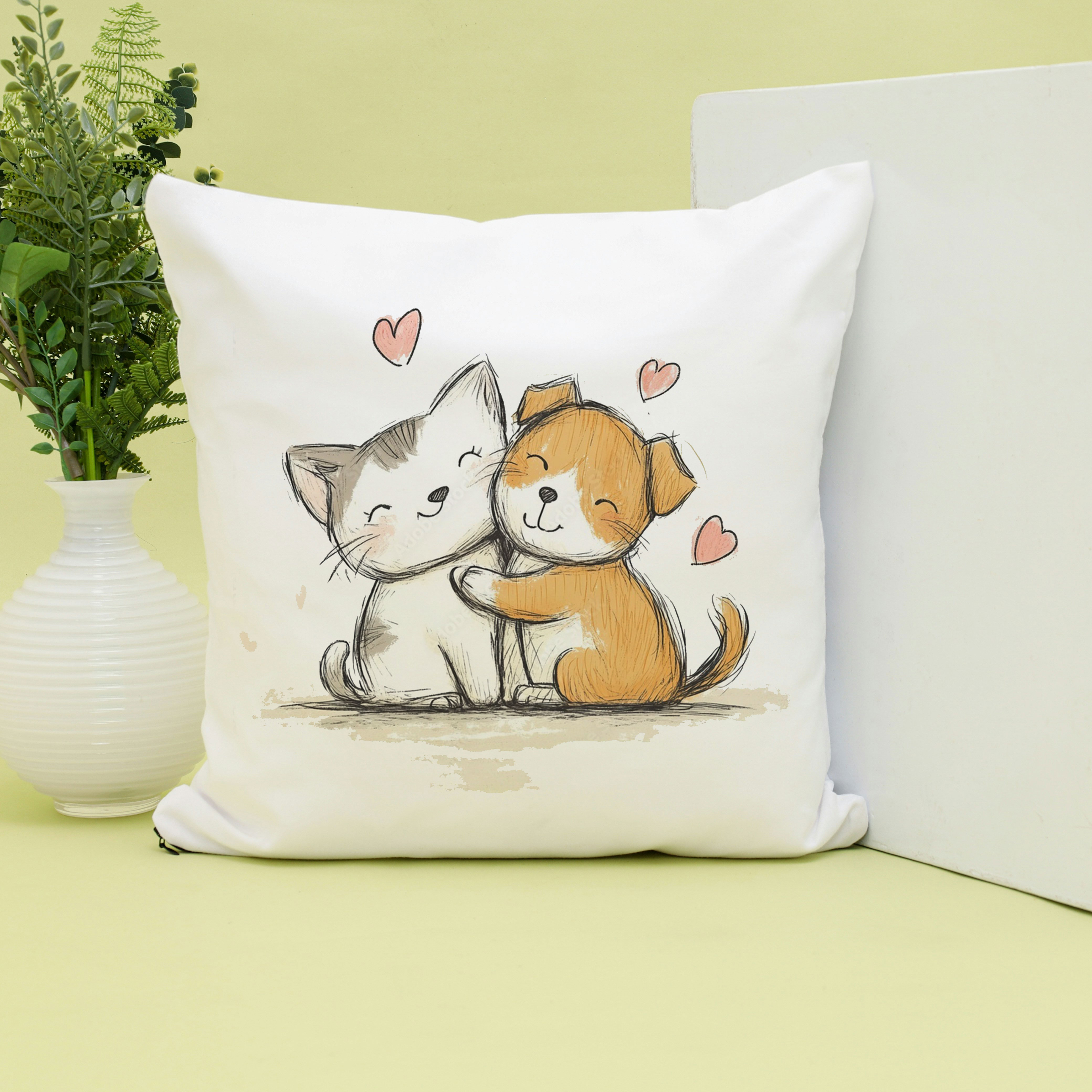 Cute Cat & Dog Hug Printed Cushion