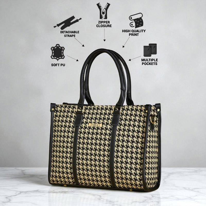 Fargo Premium Houndstooth Pattern Handbag for Women – Stylish Tote Bag with Black Leather Handles