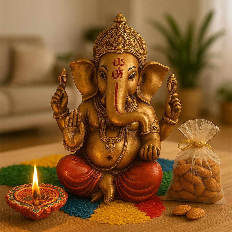 ganesha idol size 3 inch , almond 100 gm in potli and 2 designer diya
