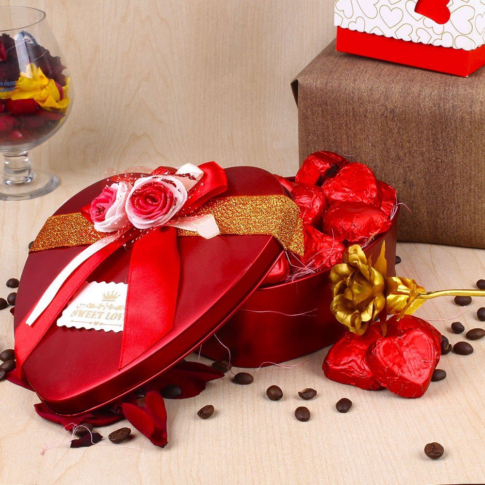 Romantic Hamper Of Heart Shape Chocolates And Golden Rose