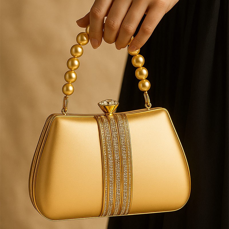 Golden Radiance Pearl-Handle Evening Clutch