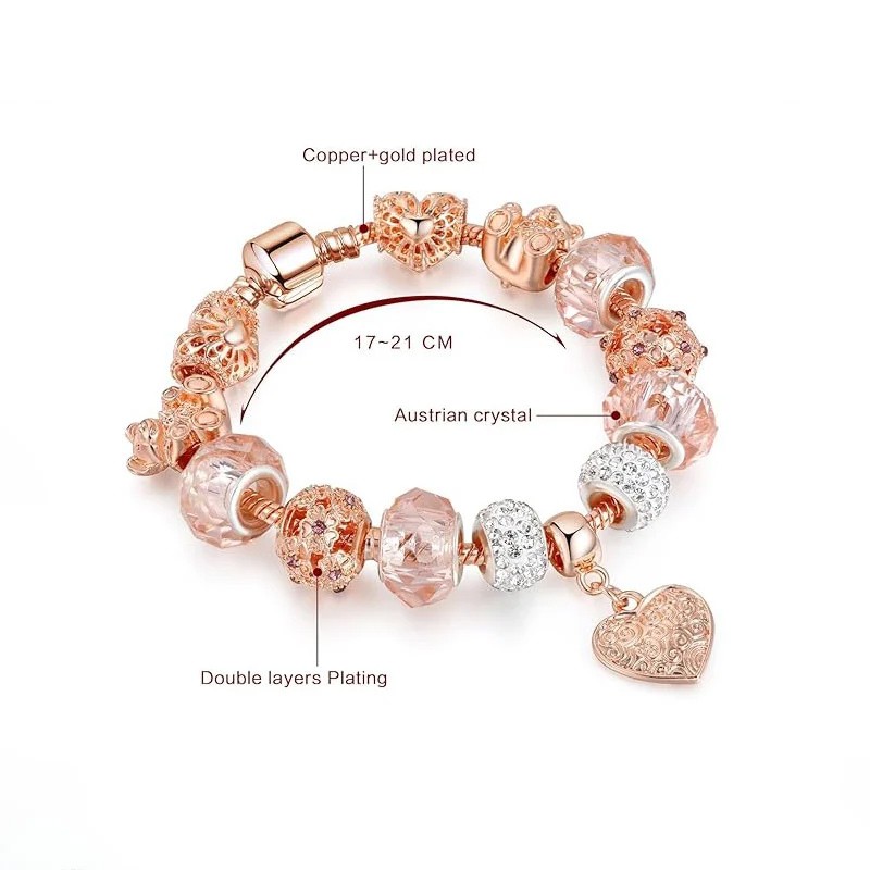 Latest Stylish Pandora Crystal Diamonds Charms Rose Gold Gift Bracelet for Women & Girls