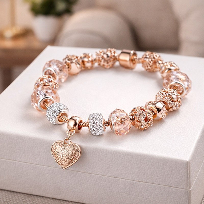 Latest Stylish Pandora Crystal Diamonds Charms Rose Gold Gift Bracelet for Women & Girls