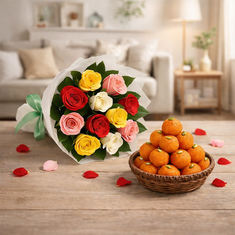 Mix Roses Bouquet with Ladoos