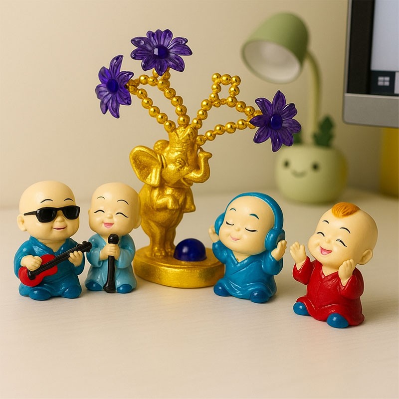 Musical Monk Buddha Figurines with Golden Elephant Showpiece – Decorative Gift Set