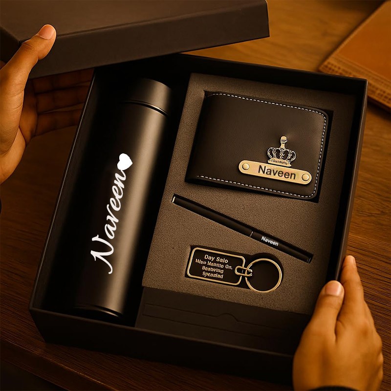 Personalized Premium Black Gift Set – Custom Name Bottle, Wallet, Pen & Keychain