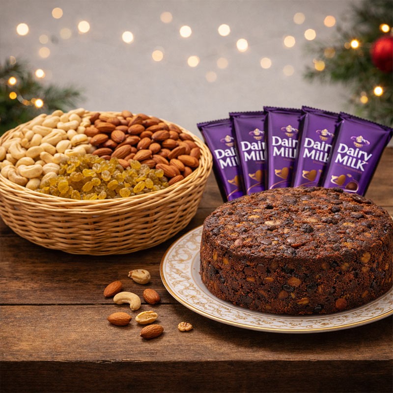 Premium Dry Fruit Cake with Dairy Milk Chocolates – Festive Gift Hamper