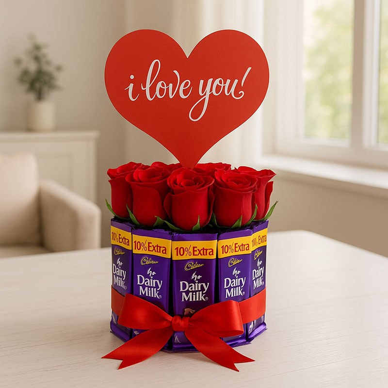 Red Roses And Dairy Milk Arrangement