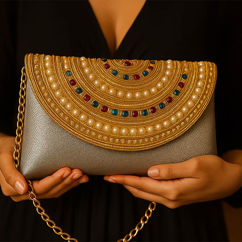 Royal Golden Beaded Clutch with Pearl & Gem Embellished Flap