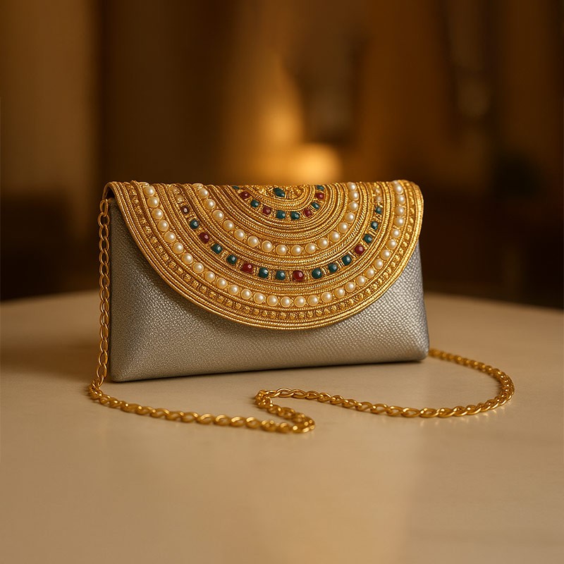 Royal Golden Beaded Clutch with Pearl & Gem Embellished Flap