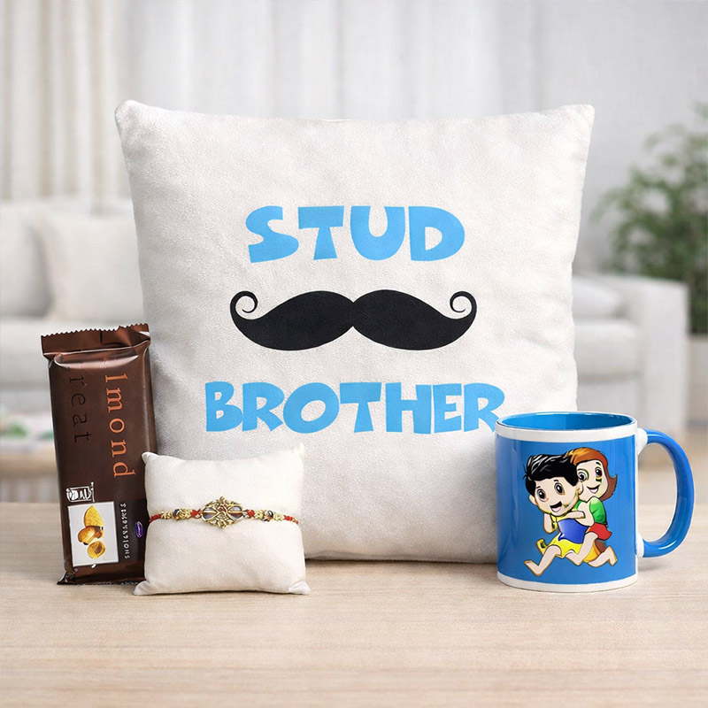 Stud Bro Cushion With Mug Chocolate Rakhi Combo
