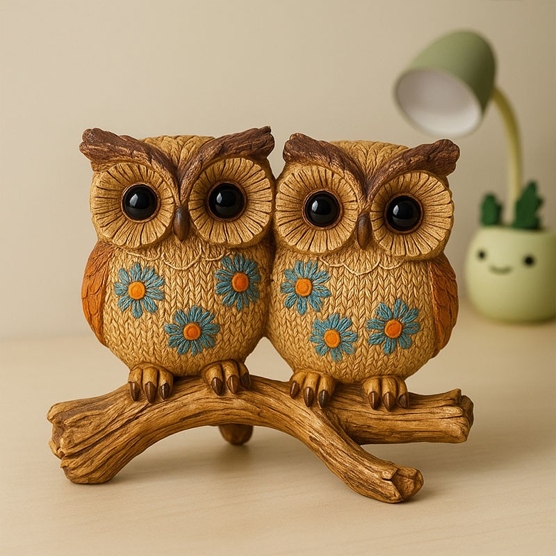 Twin Owls on Branch Decorative Showpiece β Handcrafted Resin Owl Couple Statue