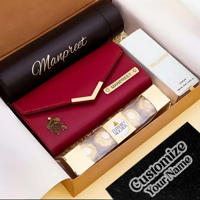 Customized Combo of Bottle, Red Clutch with perfume