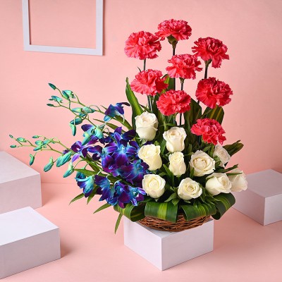 Orchid Carnation N White Roses Basket Arrangement