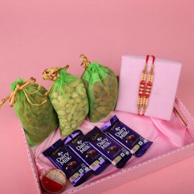 Set Of 2 Rakhi With Chocolate And Dry Fruits Hamper