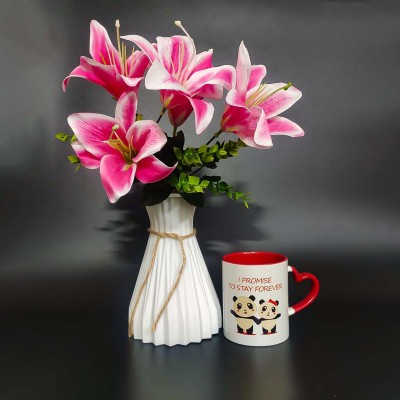 Stay Forever Red Heart Handle Mug with Artificial Flower and Vase