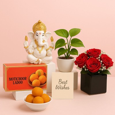 Festive Ganesha Blessings Hamper with Sweets, Roses & Greenery