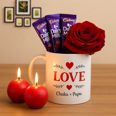 Love Mug and Red Candles Combo with Rose and Chocolates