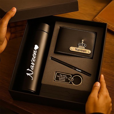 Personalized Premium Black Gift Set – Custom Name Bottle, Wallet, Pen & Keychain