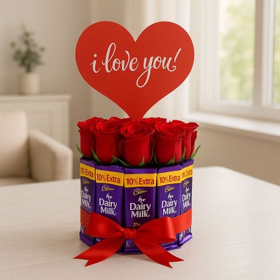 Red Roses And Dairy Milk Arrangement