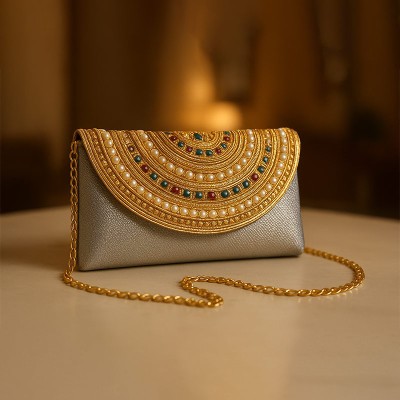 Royal Golden Beaded Clutch with Pearl & Gem Embellished Flap