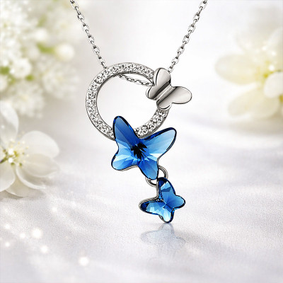 Stylish Platinum Silver Plated Crystal Butterfly Chain Pendant Necklace for Women