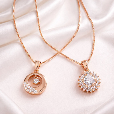Two Rose Gold Set Contemporary Cubic Zirconia Pendants For Women and Girls